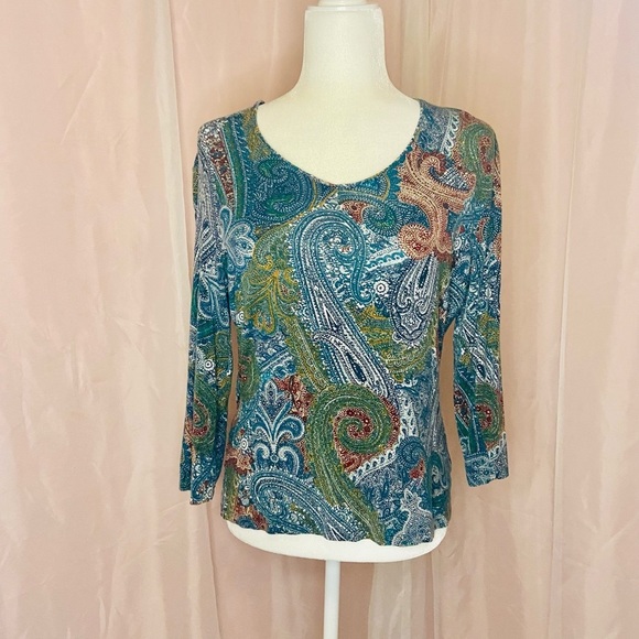 Tesori‎ Super Soft Knit Paisley Print Top Scoop Neck 3/4 Sleeve Multicolor BB140 - Picture 1 of 8